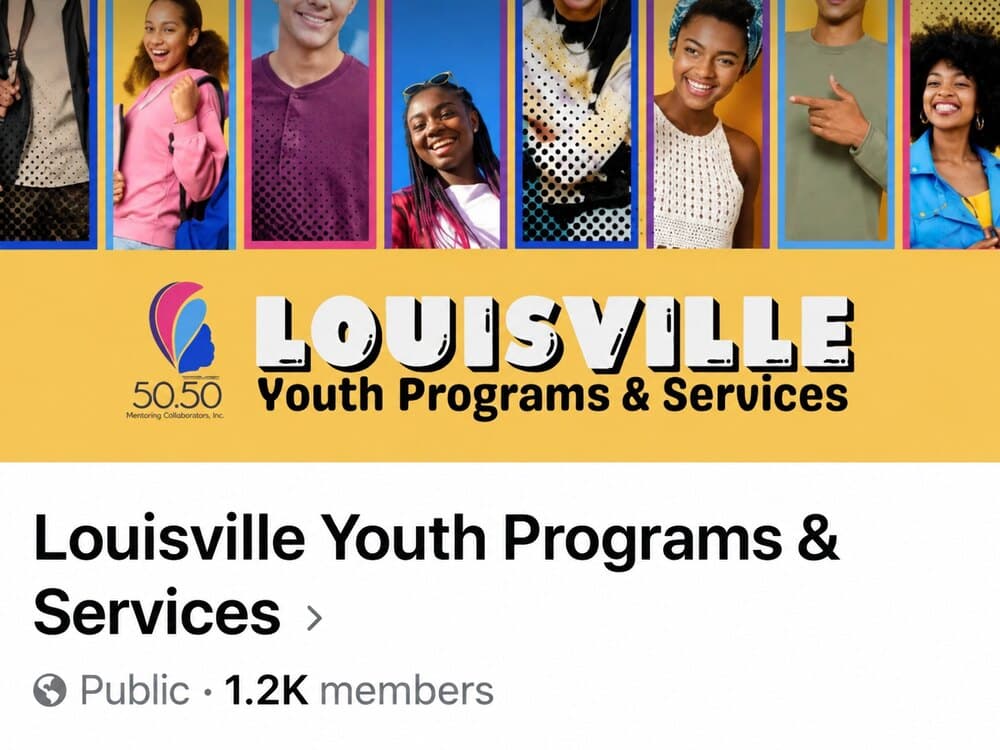 Louisville Youth Programs and Services Facebook group showing the cover image, public status, and 1.2K members